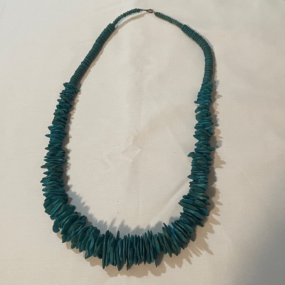 Vintage Teal blue chunky wood chip long necklace
